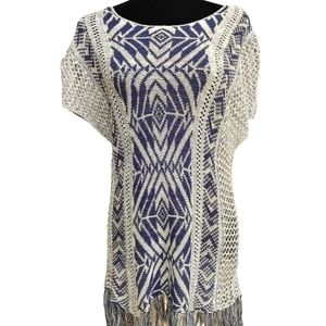 Vintage America Top Tunic Knitted Crocheted Dress Boho Fringe Tassels Small
